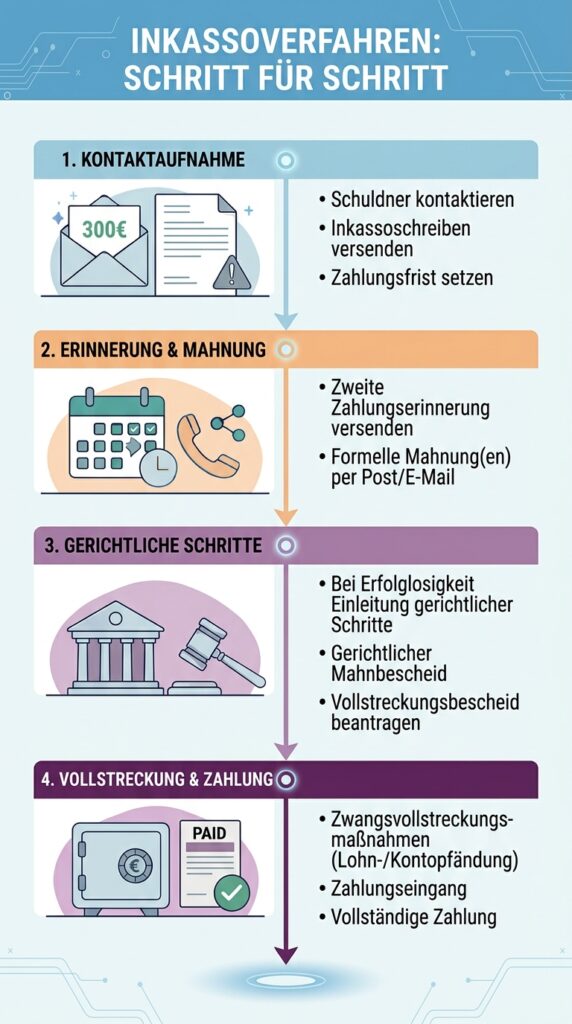 Grafik die in vier Schritten den Ablauf von Inkassoverfahren beschreibt auf blauem Hintergrund